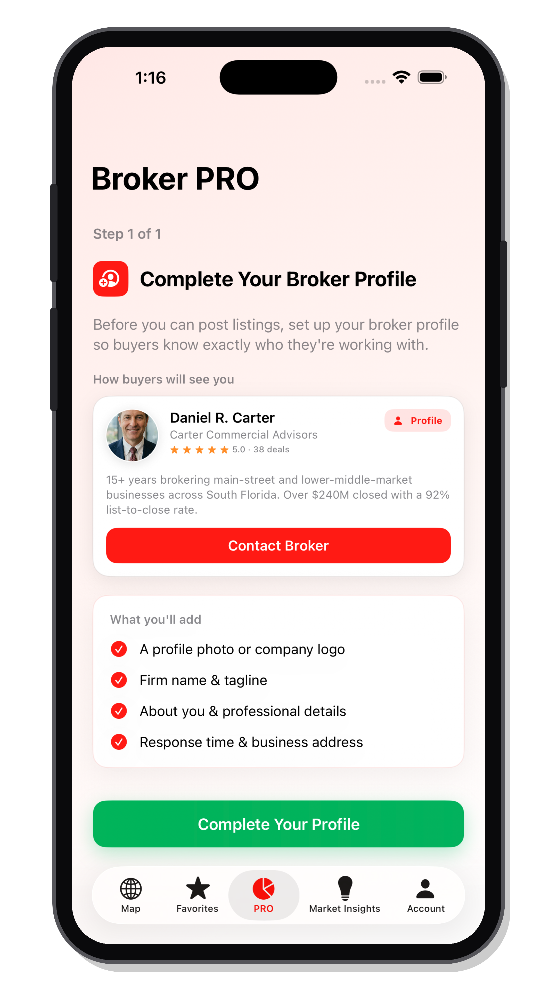 Bizgora Broker PRO profile and buyer-facing broker preview on an iPhone