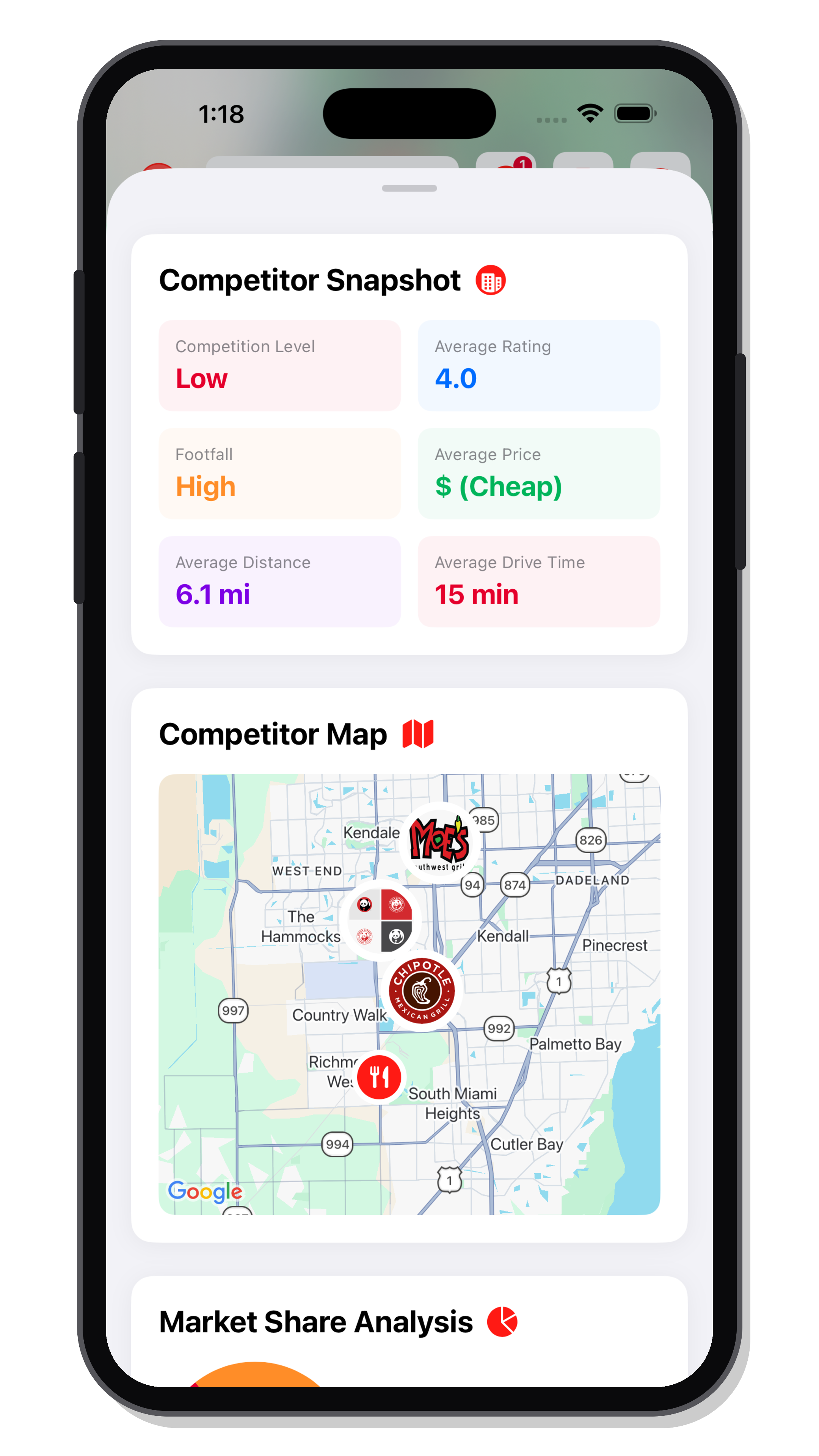 Bizgora competitor intelligence with ratings, foot traffic, and location data on an iPhone