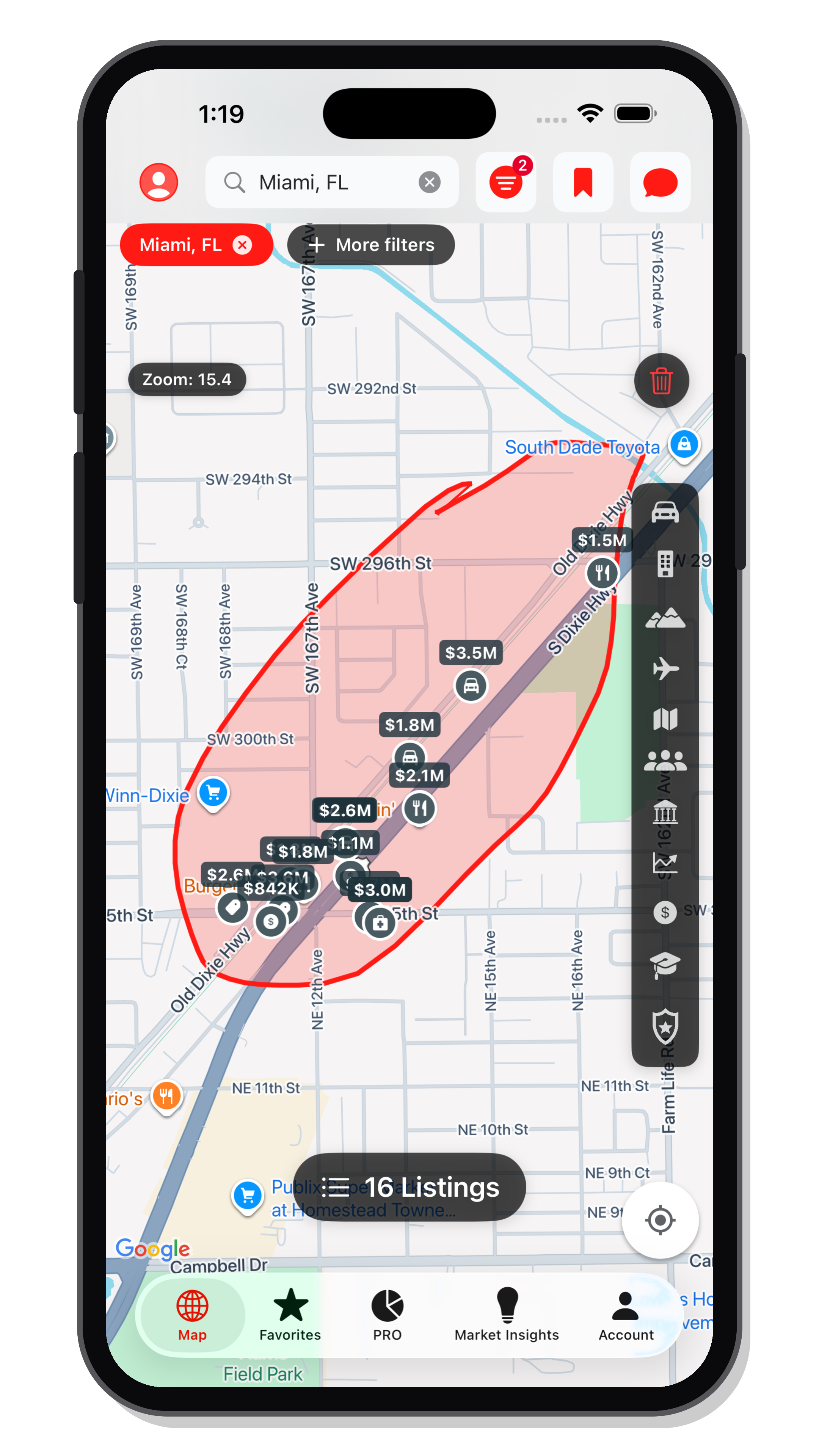 Bizgora custom-area map search with nearby business listings